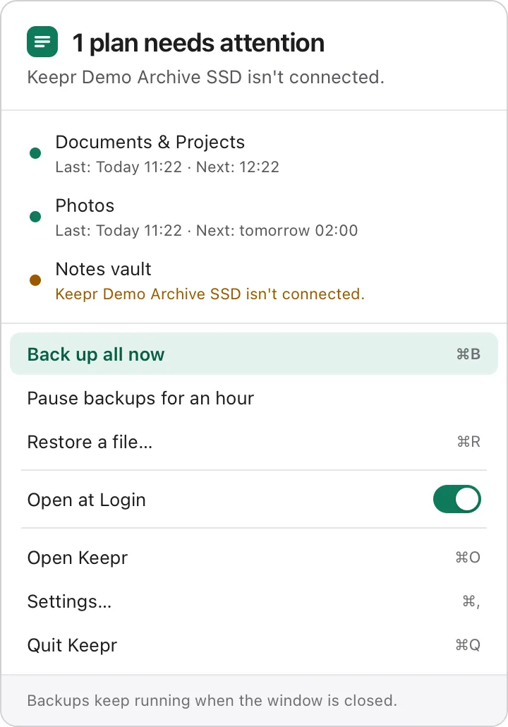 Keepr's menu bar panel: one plan needs attention because its drive isn't connected; the other two are kept; Back up all now, Pause backups for an hour, Restore a file, Open at Login